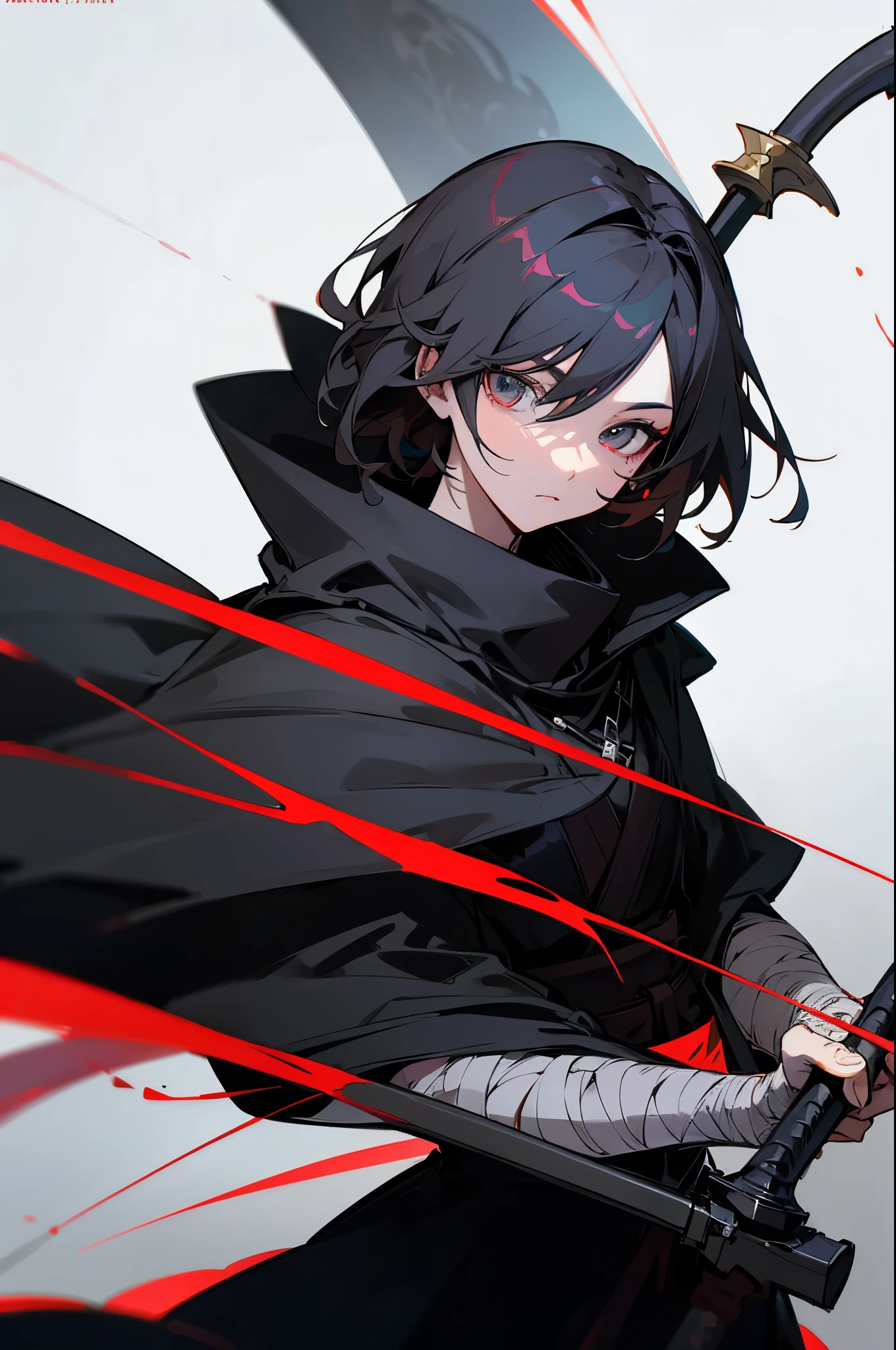 Anime artstyle, holding a scythe, wearing a stylish dark cloak, wrapped in bandages,white background, wallpaper, HD quality, extremely detailed, highest quality digital art, upper body