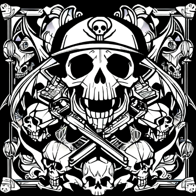 a skull with a cap on its head vector,detailed digital art, adorned with demonic skulls, skull drawing for a cute poster,handgun,color detailed art cartoon,monochrome cute skull