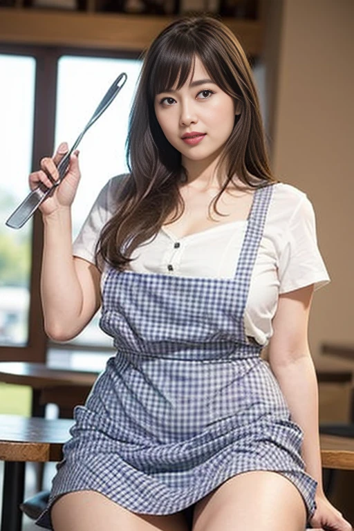 ooki masterpiece、Highest quality、Ultra-high resolution、(Photorealistic:1.6)、1 girl、(Long Hair:1.5)、(round face:1.3)、(Gingham check suspender apron:1.3)、(Plain blue high waist skirt:1.3)、(Apron skirt:1.2)、(White blouse:1.3)、(Double-breasted、Underbust:1.2)、Short sleeve、Button Gap、(Plump body:1.2)、(Smooth Skin:1.1)、Dynamic pose、(chest:1.2)、Cafe、restaurant、Red lipstick、Disheveled Hair、Spreading her legs、(Thighs)、White high heels、Are standing、