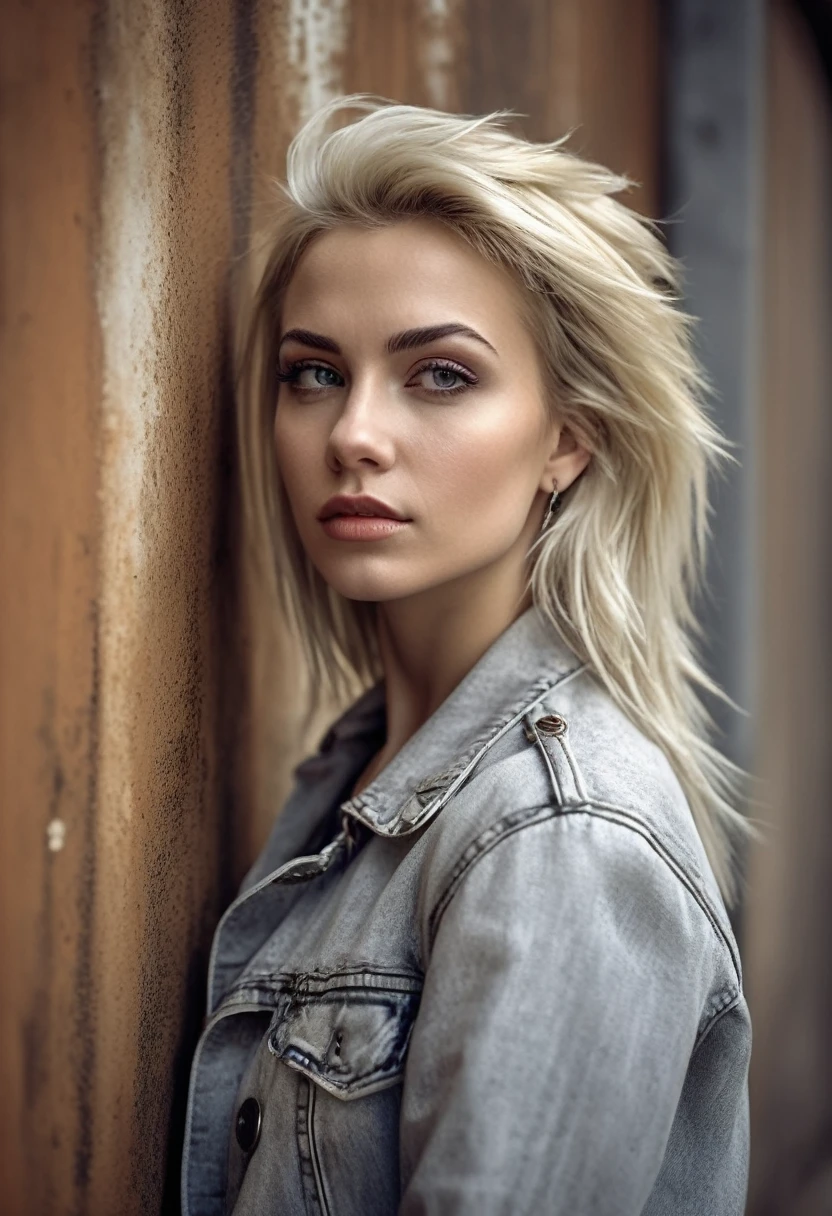 a young attractive woman with blonde hair leaning on a rusty wall, in the style of exaggerated facial features, sterling silver highlights, sharp edges, avacadopunk, soft edges, dark white and light gray, edgy --ar 1:1 --stylize 750 --v 6