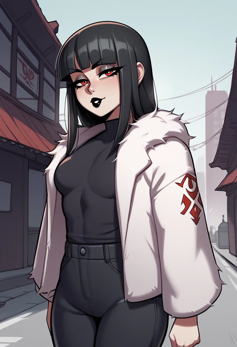 score_9, score_8_up, score_7_up, score_6_up, score_5_up, score_4_up, BREAK 1girl, black hair, long wild hair, pixie hair cut, red eyes, long eyelashes, seductive expression, blunt bangs, short, BREAK solo, small , skinny, arched back, thigh gap, shrine maiden, fur coat, innocent, lovely, adorable, long hair, hair covering one eye, dark mage, fully clothed, hibakama pants, hakui shirt, yakuza, city street background, black lipstick,