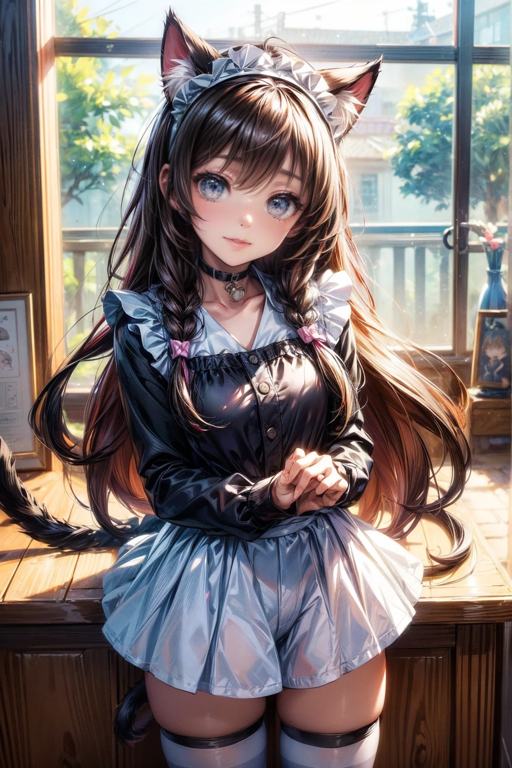 One Girl、Cat ears headband、Cat tail、Maid、Short skirt、Thigh-high socks、Striped pants、Highest quality、8K、Beautiful Face、Mischievous smile、Wink、View Viewer、Bright cafe