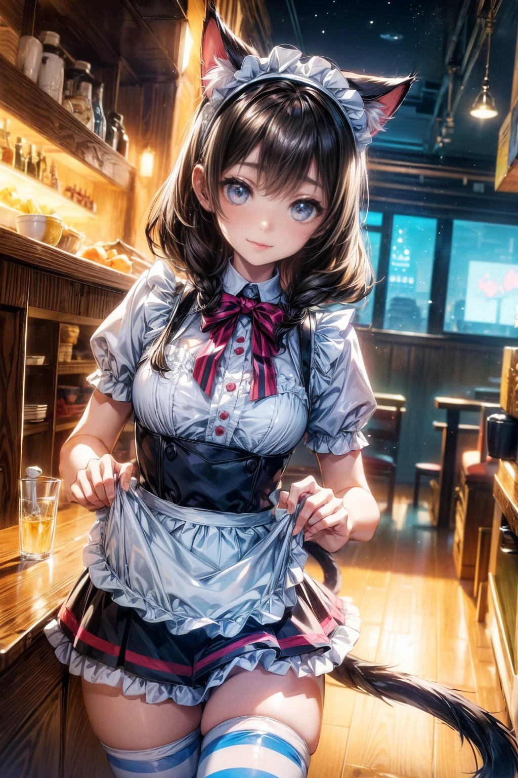 One Girl、Cat ears headband、Cat tail、Maid、Short skirt、Thigh-high socks、Striped pants、Highest quality、8K、Beautiful Face、Mischievous smile、Wink、View Viewer、Bright cafe