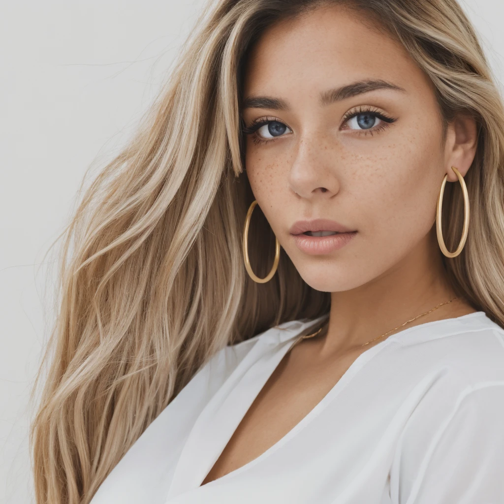 A young 19-year-old woman named Lila Nakamura with a Northern European heritage. She has thick dark black eyeliner, glossy lips, and a cute, endearing expression. She has straight, blonde hair with blonde highlights that falls just past her shoulders, styled in a neat and polished manner. Her eyes are almond-shaped with a light, striking blue color, accentuated by subtle eyeshadow and mascara. Her skin has a light tone with a natural, fresh look, and she has a few delicate freckles across her nose. She is wearing a simple, professional outfit, consisting of a white blouse and dark jeans, and accessorized with small gold hoop earrings. The background is a neutral studio setting with soft lighting to highlight her features.