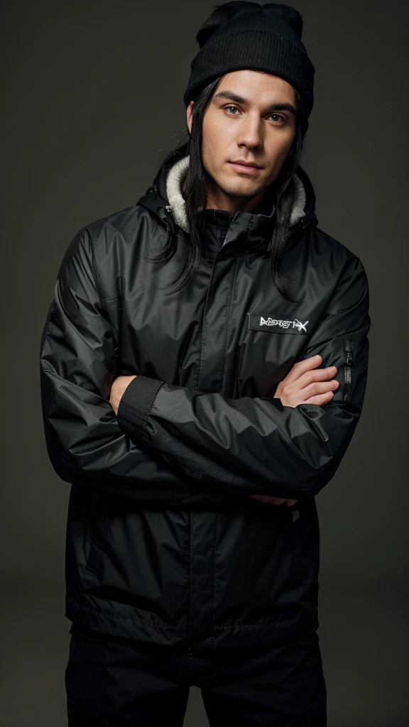 a white man with black hair, combed backwards, wearing a black beanie, with a chin full of long black hair, dressed in a waterproof jacket, looking straight at the camera, ID photo, with a green background in the background, man attractive looking forward with arms crossed