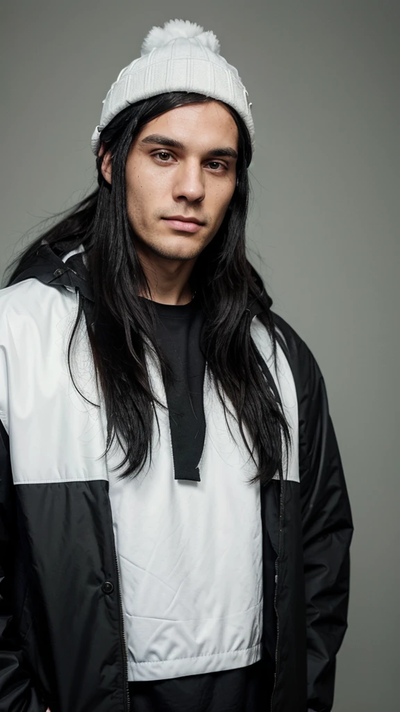 a white man with black hair, combed backwards, wearing a black beanie, with a chin full of long black hair, dressed in a waterproof jacket, looking straight at the camera, ID photo, with a green background in the background, man attractive looking forward with arms crossed
