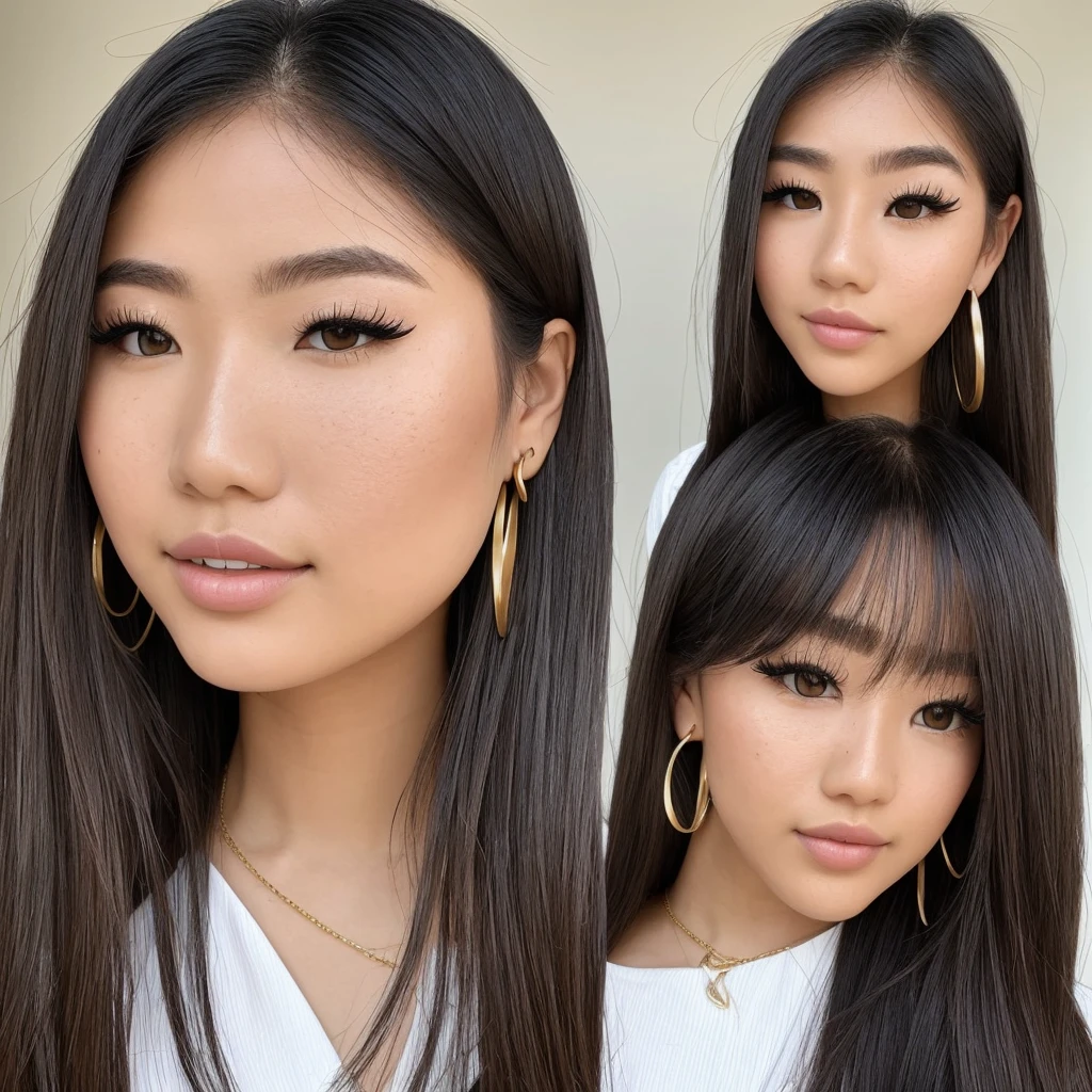 A young 19-year-old woman named Lila Nakamura with a Northern European heritage. She has thick dark black eyeliner, glossy lips, and a cute, endearing expression. She has straight, blonde hair with blonde highlights that falls just past her shoulders, styled in a neat and polished manner. Her eyes are almond-shaped with a light, striking blue color, accentuated by subtle eyeshadow and mascara. Her skin has a light tone with a natural, fresh look, and she has a few delicate freckles across her nose. She is wearing a simple, professional outfit, consisting of a white blouse and dark jeans, and accessorized with small gold hoop earrings. The background is a neutral studio setting with soft lighting to highlight her features.