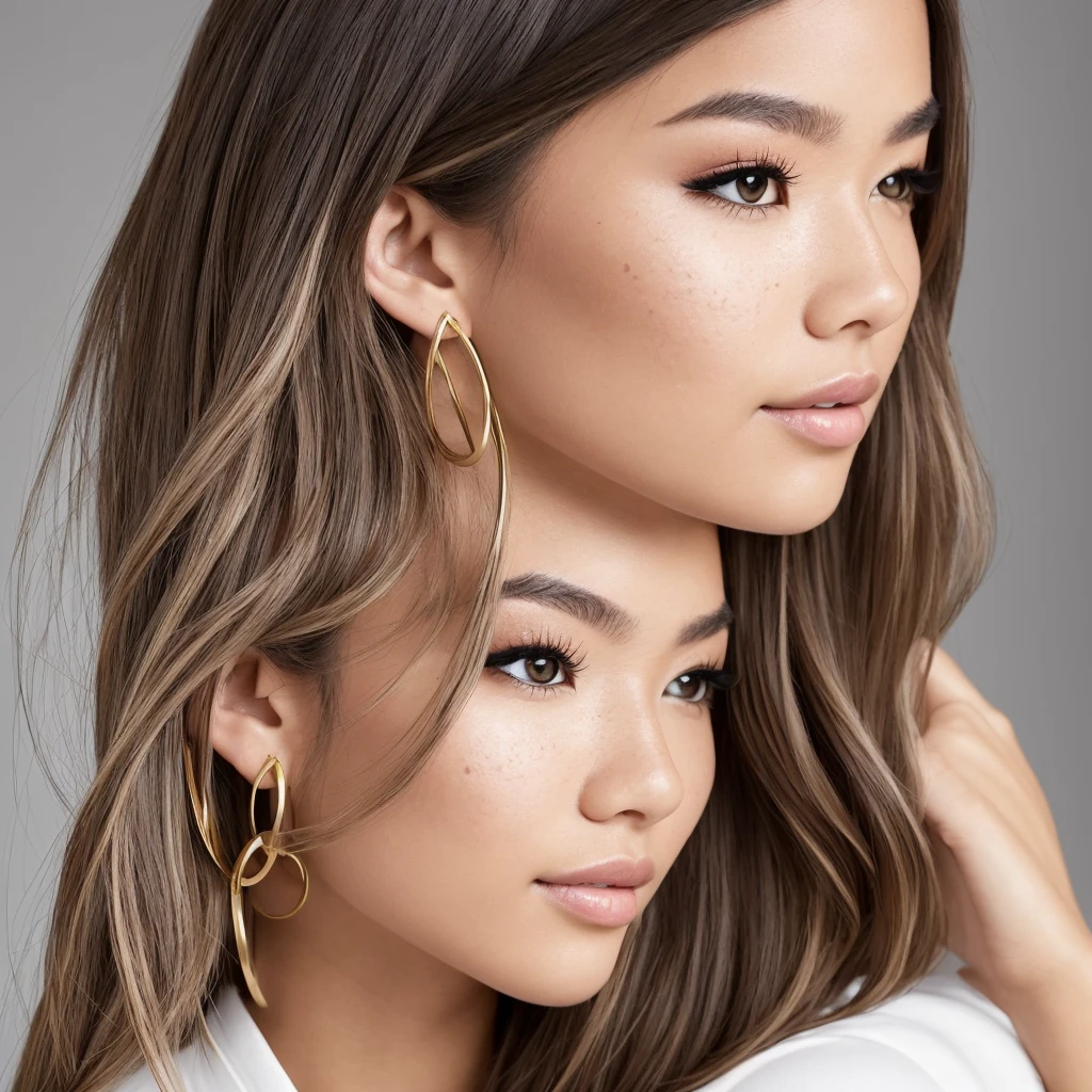 A young 19-year-old woman named Lila Nakamura with a Northern European heritage. She has thick dark black eyeliner, glossy lips, and a cute, endearing expression. She has straight, blonde hair with blonde highlights that falls just past her shoulders, styled in a neat and polished manner. Her eyes are almond-shaped with a light, striking blue color, accentuated by subtle eyeshadow and mascara. Her skin has a light tone with a natural, fresh look, and she has a few delicate freckles across her nose. She is wearing a simple, professional outfit, consisting of a white blouse and dark jeans, and accessorized with small gold hoop earrings. The background is a neutral studio setting with soft lighting to highlight her features.