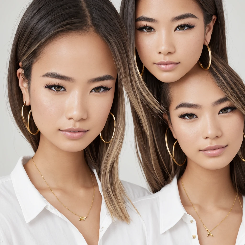 A young 19-year-old woman named Lila Nakamura with a Northern European heritage. She has thick dark black eyeliner, glossy lips, and a cute, endearing expression. She has straight, blonde hair with blonde highlights that falls just past her shoulders, styled in a neat and polished manner. Her eyes are almond-shaped with a light, striking blue color, accentuated by subtle eyeshadow and mascara. Her skin has a light tone with a natural, fresh look, and she has a few delicate freckles across her nose. She is wearing a simple, professional outfit, consisting of a white blouse and dark jeans, and accessorized with small gold hoop earrings. The background is a neutral studio setting with soft lighting to highlight her features.