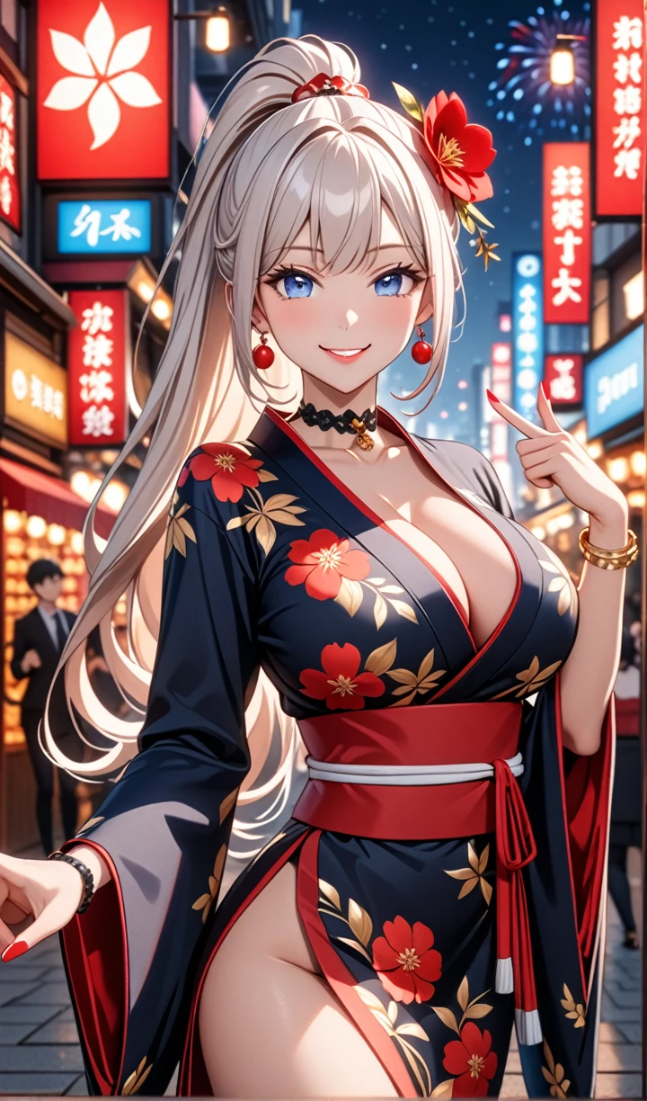 ultra-detailed, ((one girl)), hyper detailed, absurdres, 8K,Cute face, (Laugh shyly), ((teasing smile:1.8)), ((Wink:1.7)), (Laugh with your mouth wide open:1.3),(Tilt your head:1.3), (((put index finger on mouth:1.3)), View your viewers, ((Bright red cheeks:1.6)),Glossy Red Lips, ((Big Breasts:1.5)) (cleavage), night, Fantastic fireworks, ((Anime style background)),masterpiece, Highest quality, (Brighten your face), so beautiful,Latest, Complex details, (Pink long nails), (nail art), (ring),(bracelet), (Floral Choker),AI-generated, Complex,High resolution, Highest quality, super high quality,3D Images、3D Images,One person,Long white hair,(High Ponytail), Anime woman posing for a photo, ((Fine grain, pale blue eyes:1.2)), ((glowing eyes:1.4)), (Squint your eyes:1.1),a hyperRealistic , hyperRealistic , Realistic,Anime woman with long white hair, Smooth anime CG art, With gold embroidery、A girl in a gorgeous kimono, ((Black long sleeve kimono:1.5)),((Red large floral pattern)) ,Long flower hair ornament,Floral Earrings,Mature Body,tall,Abdominal muscles,Narrow waist,((arched back:1.9)),(front view),