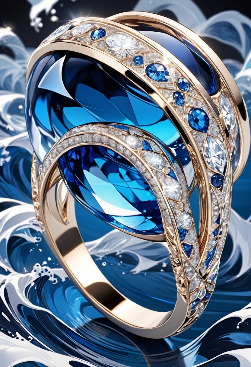 an extremely detailed ring made of blue & white water