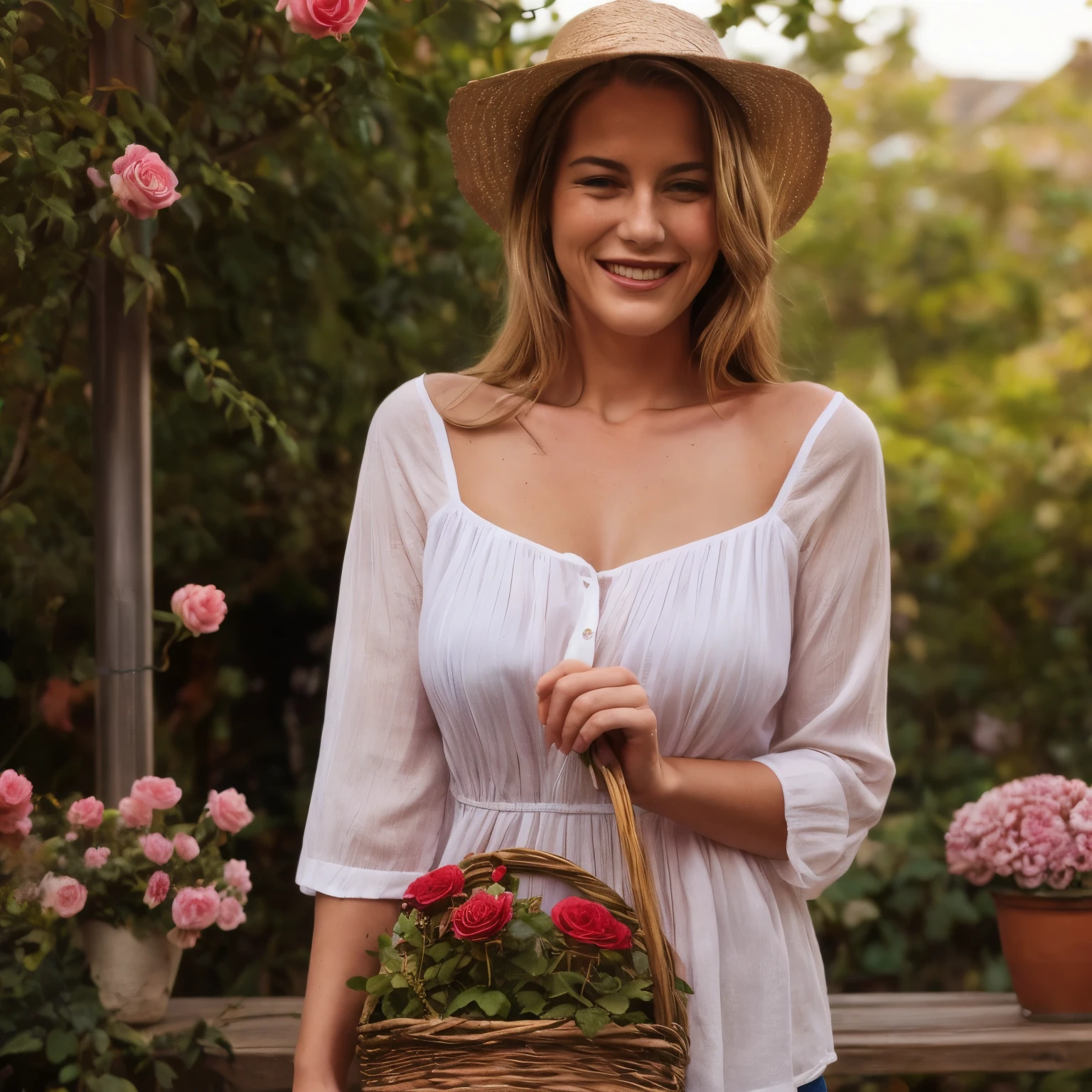 June - Rose Garden Pruning and Deadheading
For the June calendar page, the portrait of 1woman blond LaGermania happy curious deductive smiling captures the art of rose garden pruning and deadheading. She stands among fragrant roses and scattered petals, dressed in a linen blouse and capri pants in shades of rose pink and garden green. The blouse is adorned with embroidered details and three-quarter sleeves, reflecting the elegance and functionality of summer rose garden attire. LaGermania's blonde hair is styled in a French braid, adorned with a wide-brimmed sunhat and gardening gloves that protect her hands while pruning. Surrounding her, climbing roses bloom on trellises and songbirds flit among bushes, creating a picturesque backdrop against the manicured rose garden. The scene features a wicker basket filled with pruned blooms and a watering can beside a rose-strewn bench, evoking the meticulousness of midsummer rose care. LaGermania's posture exudes grace, one hand delicately pruning while the other gathers spent blossoms. Her expression is filled with serenity and dedication, a seductive smile playing on her lips as she tends to her beloved roses. This scene captures the allure of rose gardening and floral beauty, with every detail from the linen blouse to the fragrant rose petals meticulously described.