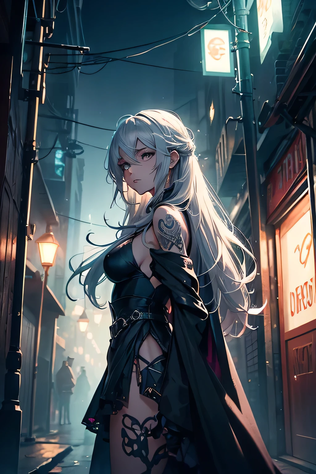 In the dimly lit alley, a mesmerizing female with piercing silver eyes and tangled, shimmering hair captivates with an otherworldly grace. This stunning portrait, a high-quality photograph, captures the troll's haunting presence amidst the gritty urban setting. Her ragged cloak swirls around her like ethereal mist, adding to the dreamlike aura of the image. Every detail, from the faint glow of his delicate tattoos to the haunting shadows cast by the flickering streetlight, is rendered with exquisite clarity. This image truly immerses viewers in a neo-noir fantasy world where magic and mystery collide with the stark reality of city life. parts in color