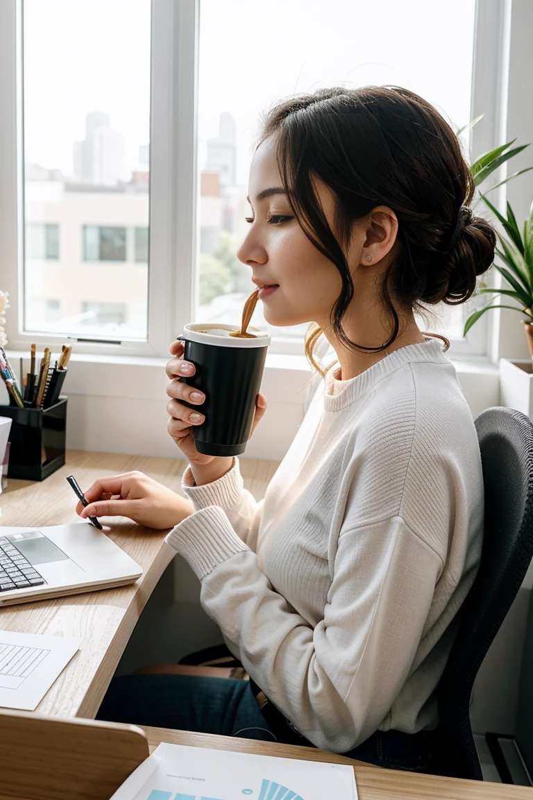 26 year old woman drinking coffee in a cup, she is in an office, sitting at her desk, with a relaxed expression, enjoying her coffee, around her office elements such as computer, documents, stationery, soft and warm lighting, cozy and calm atmosphere, hyperrealizta, (illustration:1.1) (detailed) (intricate) (soft light) (warm colors) (sharp focus).