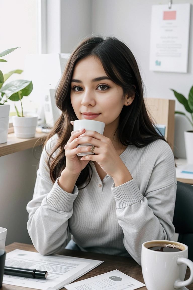 26 year old woman drinking coffee in a cup, she is in an office, sitting at her desk, with a relaxed expression, enjoying her coffee, around her office elements such as computer, documents, stationery, soft and warm lighting, cozy and calm atmosphere, hyperrealizta, (illustration:1.1) (detailed) (intricate) (soft light) (warm colors) (sharp focus).