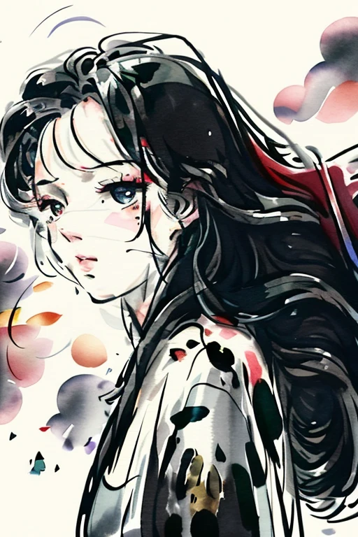 beautiful woman with a dispersed head and broken cracks on her face, long black wavy hair blowing in the wind, modern abstract watercolor painting, best composition, better color separation with rough brushstrokes, feeling of loneliness, tragedy, silence and depression, explosive warhead, machine parts embedded in the face, volatile, inspired by Igor Morski, dramatic art, photographic manipulation, disintegration, head banging until your brain bleeds, data fragment explosion, buzzing, official art, incredibly highly detailed, photoshop art, noise effect