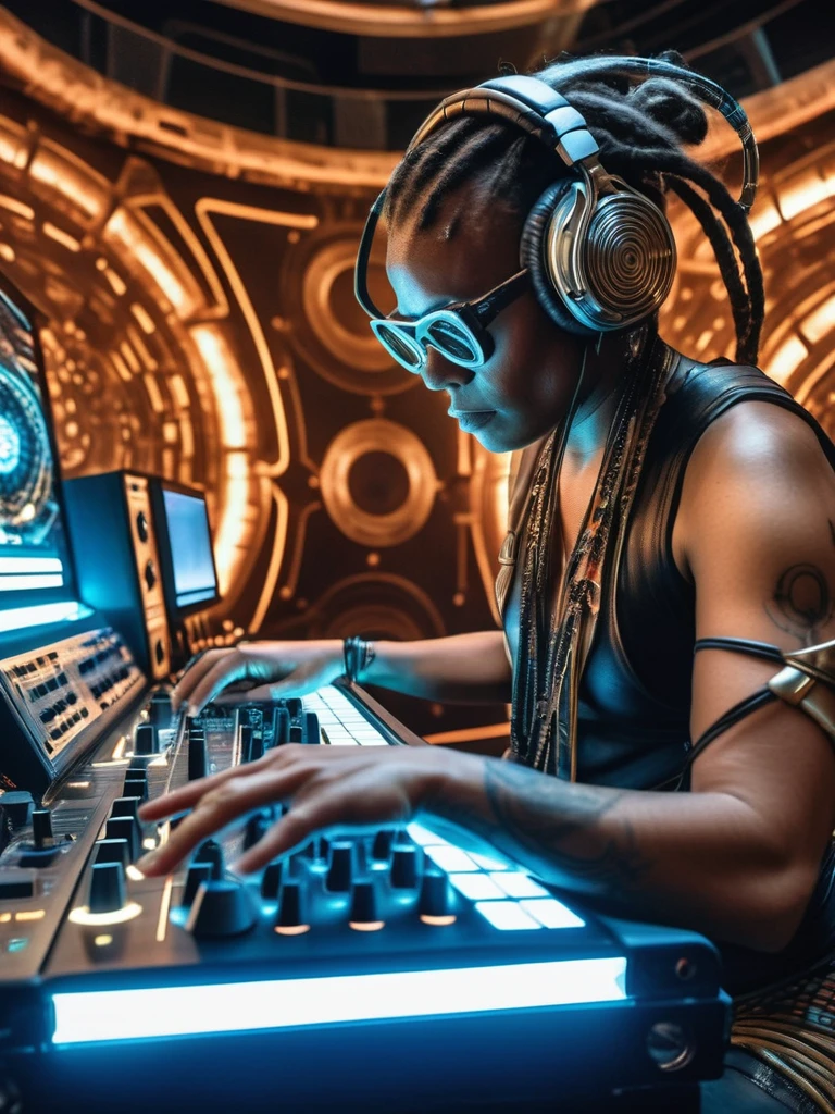 a fisheye lens photo of a post-apocalyptic tribal cyborg DJ tuning and playing synthesizers in the most complicated and technical spiral fractal music studio, mighty, cinematic, lindamente iluminado, by Donato Giancola, por artgerm, by Karol back, 3d, perfect face and body, trends on artstation, octane rendering, 8k ultra