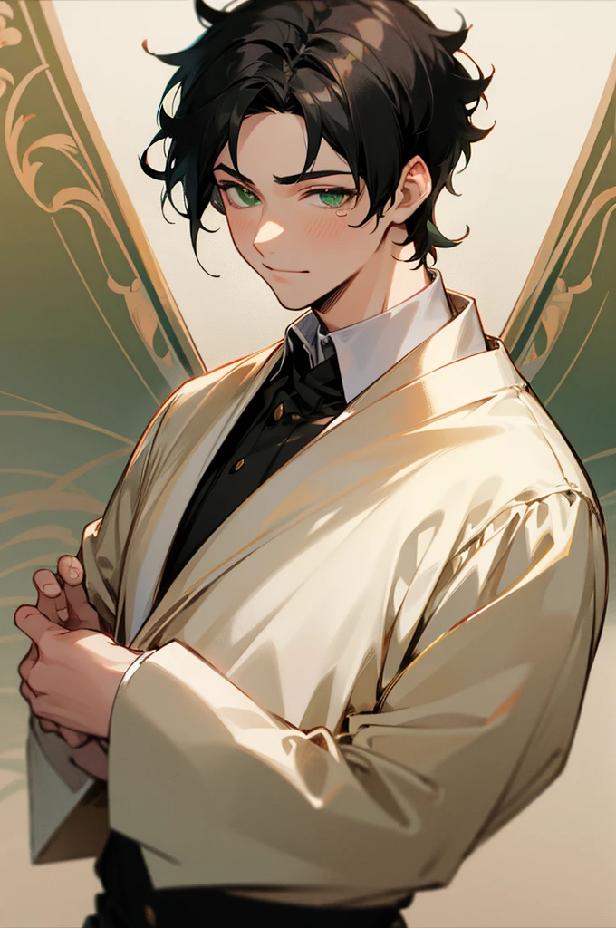 1Masculino, short black hair, greeneyes, soft smiling, rosy cheeks, regular clothes, fancy, Mediovale, face detailed, fully body