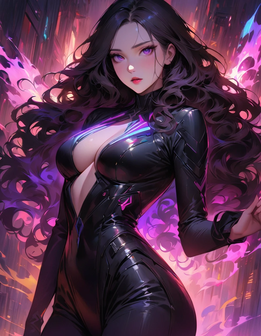 (Best quality,4K,A high resolution,masterpiece:1.2, cowboy_shot:1.4),detailed,realistic,black silhouette of a girl,cyberpunk girl,mesmerizing eyes,Wavy hair,fine features,elegant pose,sophisticated cyberpunk clothing,unearthly beauty,glowing aura,luminous elements,Gloomy atmosphere,Fantastic lighting,bright colors