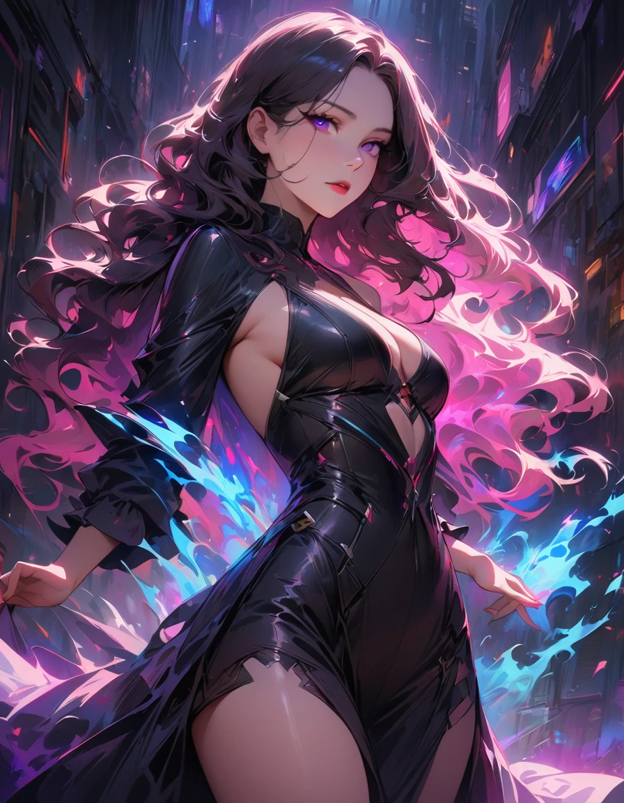 (Best quality,4K,A high resolution,masterpiece:1.2, cowboy_shot:1.4),detailed,realistic,black silhouette of a girl,cyberpunk girl,mesmerizing eyes,Wavy hair,fine features,elegant pose,sophisticated cyberpunk clothing,unearthly beauty,glowing aura,luminous elements,Gloomy atmosphere,Fantastic lighting,bright colors