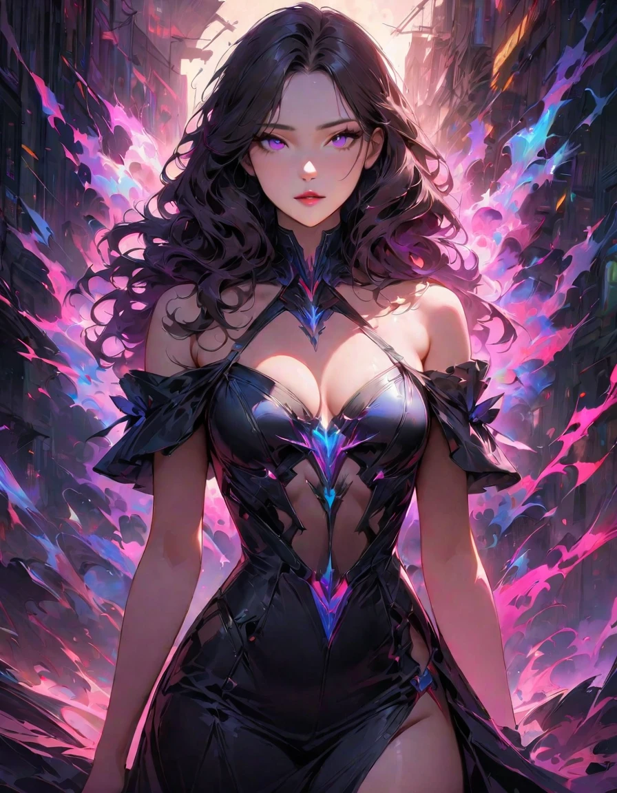 (Best quality,4K,A high resolution,masterpiece:1.2, cowboy_shot:1.4),detailed,realistic,black silhouette of a girl,cyberpunk girl,mesmerizing eyes,Wavy hair,fine features,elegant pose,sophisticated cyberpunk clothing,unearthly beauty,glowing aura,luminous elements,Gloomy atmosphere,Fantastic lighting,bright colors