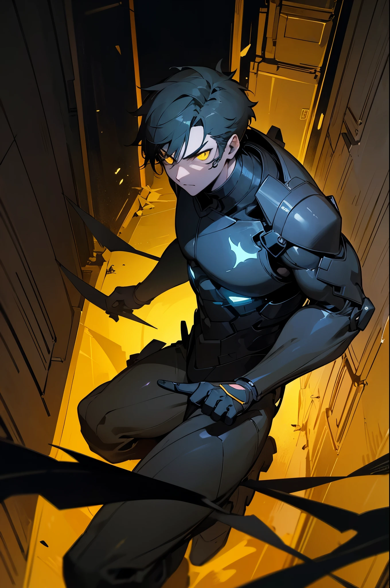 masterpiece, best quality, illustration, urban fantasy, black theme, night, alley, 1boy, , very short hair, glowing yellow eyes, black suit

