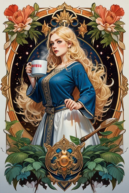 ((melhor qualidade)), ((Obra de arte)), (detalhado), goddess freya, beautiful woman, blonde, attractive, voluptuous woman, light eyes, short stature, freckles on her face, nordic clothes, holding a mug of chop,