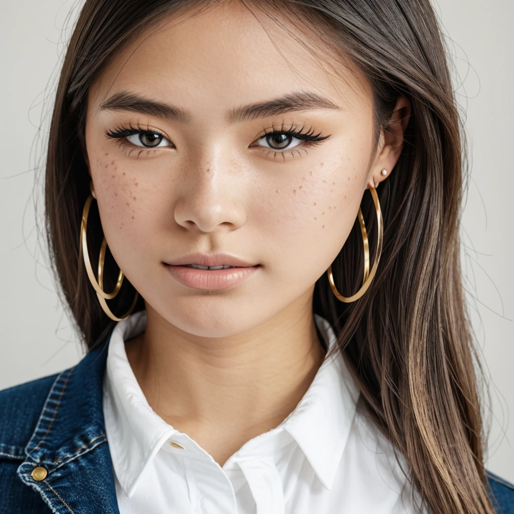 A young 19-year-old woman named Lila Nakamura with a Northern European heritage. She has thick dark black eyeliner, glossy lips, and a cute, endearing expression. She has straight, blonde hair with blonde highlights that falls just past her shoulders, styled in a neat and polished manner. Her eyes are almond-shaped with a light, striking blue color, accentuated by subtle eyeshadow and mascara. Her skin has a light tone with a natural, fresh look, and she has a few delicate freckles across her nose. She is wearing a simple, professional outfit, consisting of a white blouse and dark jeans, and accessorized with small gold hoop earrings. The background is a neutral studio setting with soft lighting to highlight her features.
