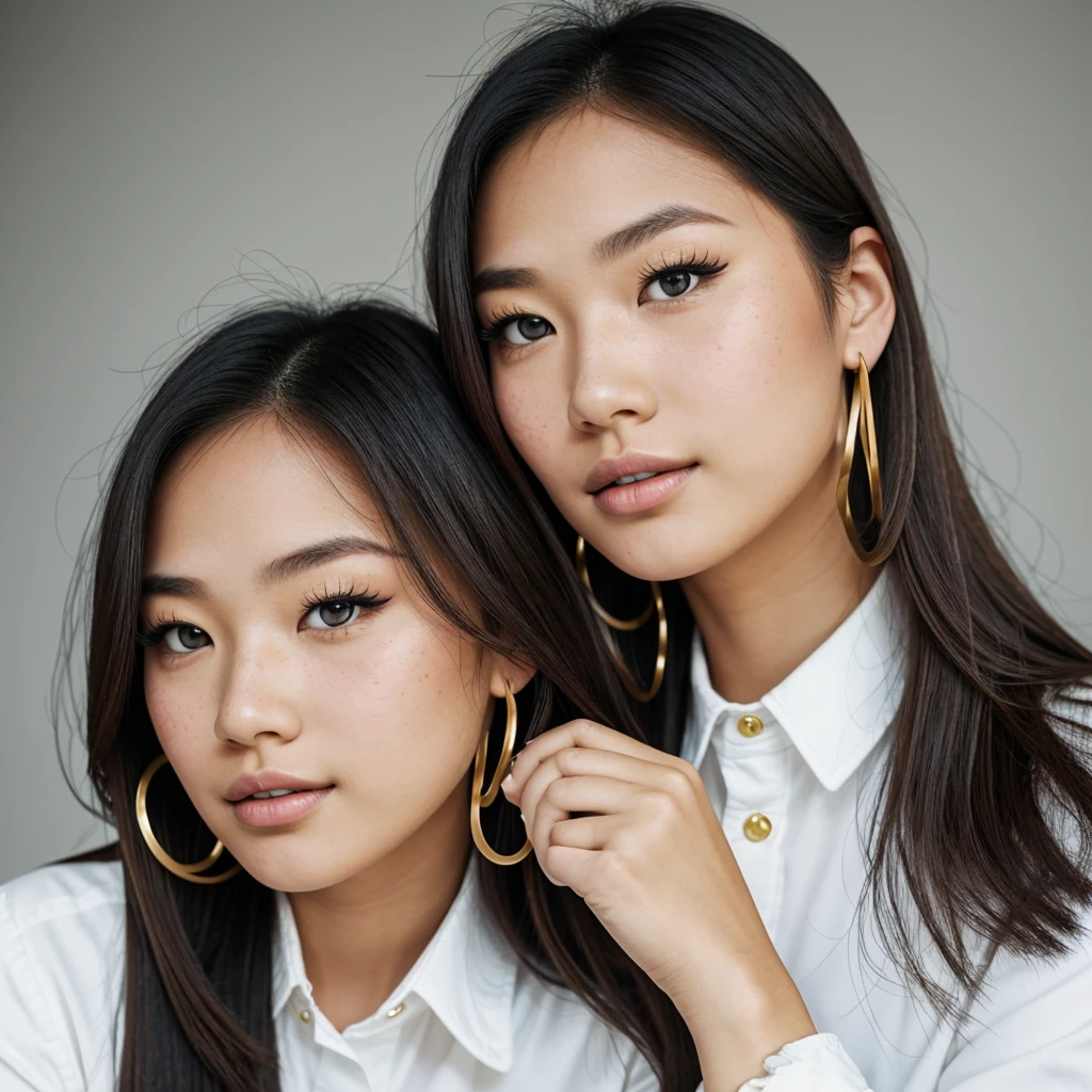A young 19-year-old woman named Lila Nakamura with a Northern European heritage. She has thick dark black eyeliner, glossy lips, and a cute, endearing expression. She has straight, blonde hair with blonde highlights that falls just past her shoulders, styled in a neat and polished manner. Her eyes are almond-shaped with a light, striking blue color, accentuated by subtle eyeshadow and mascara. Her skin has a light tone with a natural, fresh look, and she has a few delicate freckles across her nose. She is wearing a simple, professional outfit, consisting of a white blouse and dark jeans, and accessorized with small gold hoop earrings. The background is a neutral studio setting with soft lighting to highlight her features.