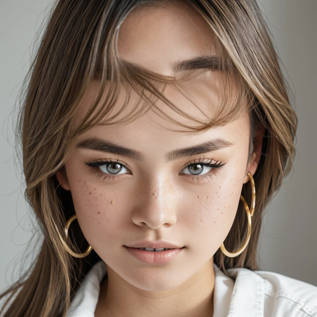 A young 19-year-old woman named Lila Nakamura with a Northern European heritage. She has thick dark black eyeliner, glossy lips, and a cute, endearing expression. She has straight, blonde hair with blonde highlights that falls just past her shoulders, styled in a neat and polished manner. Her eyes are almond-shaped with a light, striking blue color, accentuated by subtle eyeshadow and mascara. Her skin has a light tone with a natural, fresh look, and she has a few delicate freckles across her nose. She is wearing a simple, professional outfit, consisting of a white blouse and dark jeans, and accessorized with small gold hoop earrings. The background is a neutral studio setting with soft lighting to highlight her features.