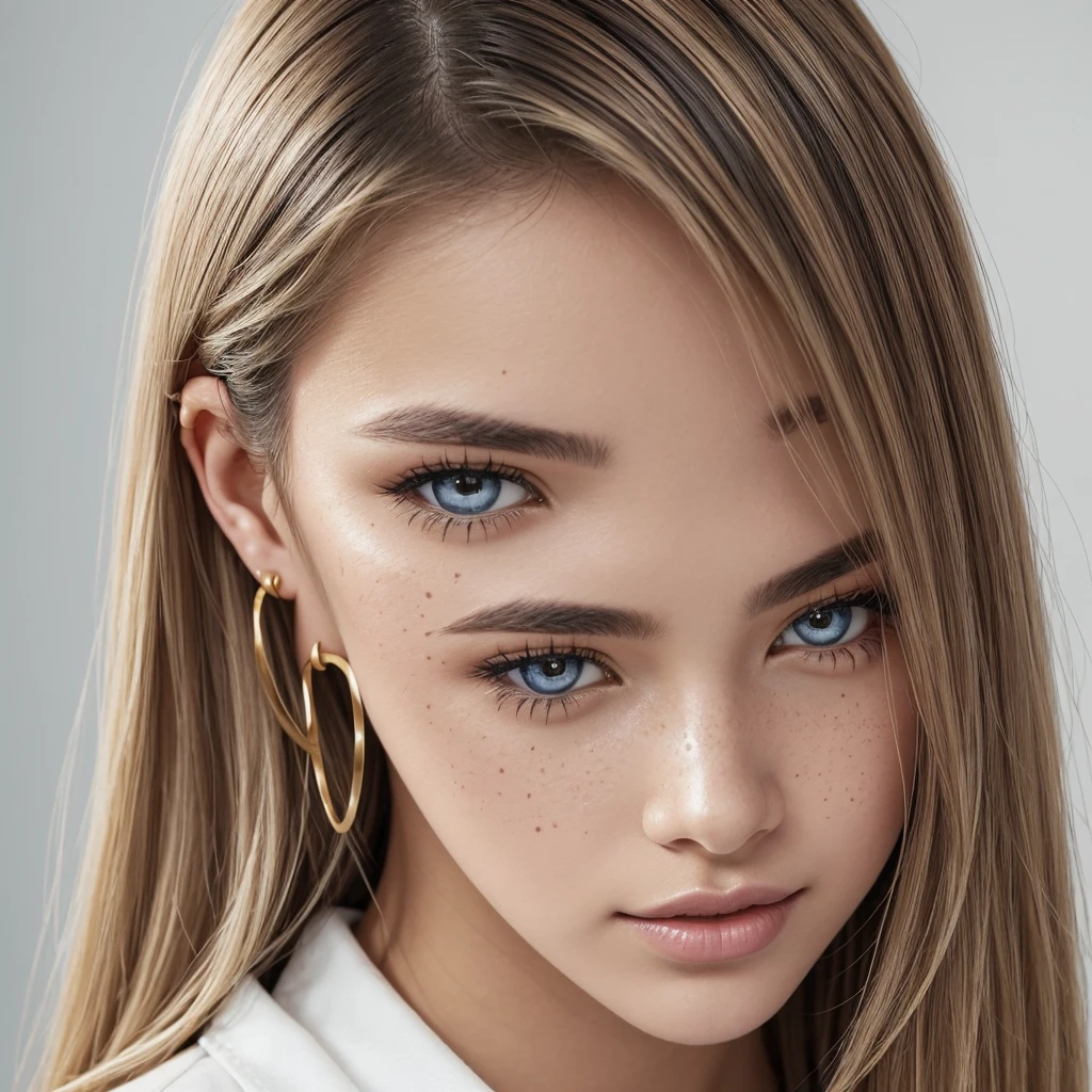 A young 19-year-old woman named Lila Nakamura with a Northern European heritage. She has thick dark black eyeliner, glossy lips, and a cute, endearing expression. She has straight, blonde hair with blonde highlights that falls just past her shoulders, styled in a neat and polished manner. Her eyes are almond-shaped with a light, striking blue color, accentuated by subtle eyeshadow and mascara. Her skin has a light tone with a natural, fresh look, and she has a few delicate freckles across her nose. She is wearing a simple, professional outfit, consisting of a white blouse and dark jeans, and accessorized with small gold hoop earrings. The background is a neutral studio setting with soft lighting to highlight her features.