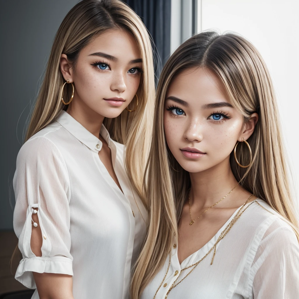 A young 19-year-old woman named Lila Nakamura with a Northern European heritage. She has thick dark black eyeliner, glossy lips, and a cute, endearing expression. She has straight, blonde hair with blonde highlights that falls just past her shoulders, styled in a neat and polished manner. Her eyes are almond-shaped with a light, striking blue color, accentuated by subtle eyeshadow and mascara. Her skin has a light tone with a natural, fresh look, and she has a few delicate freckles across her nose. She is wearing a simple, professional outfit, consisting of a white blouse and dark jeans, and accessorized with small gold hoop earrings. The background is a neutral studio setting with soft lighting to highlight her features.