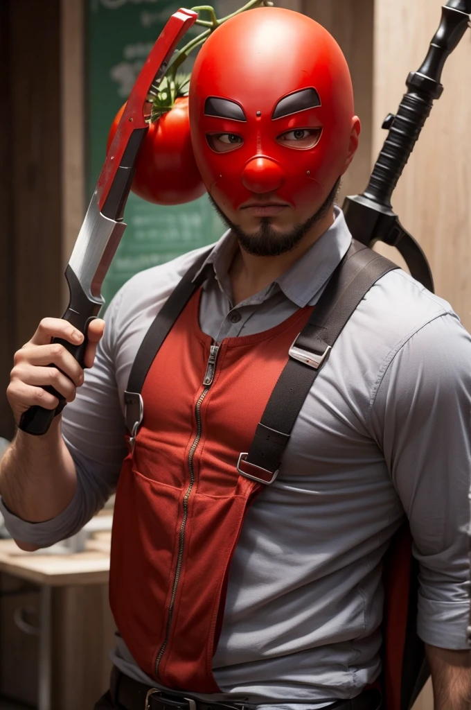 A man with a tomato mask and a weapon that shoots ketchup 