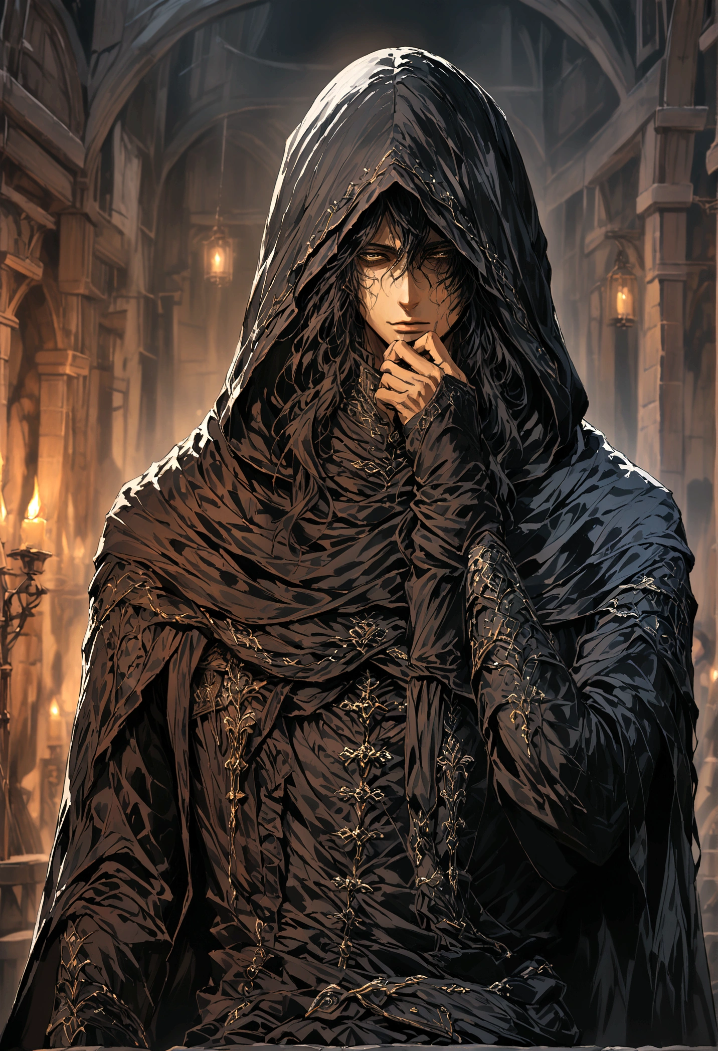 A man with dark clothes, including a hood that covers a large part of his face, leaving only his eyes showing. He exudes an aura of mystery, with a penetrating gaze that suggests he knows more than he lets on.