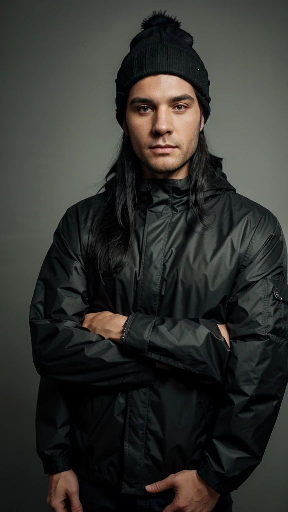a white man with black hair, combed backwards, wearing a black beanie, with a chin full of long black hair, dressed in a waterproof jacket, looking straight at the camera, ID photo, with a green background in the background, man attractive looking forward with arms crossed, document photo