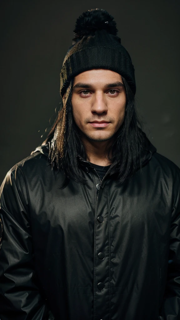 a white man with black hair, combed backwards, wearing a black beanie, with a chin full of long black hair, dressed in a waterproof jacket, looking straight at the camera, ID photo, with a green background in the background, man attractive looking forward with arms crossed, document photo