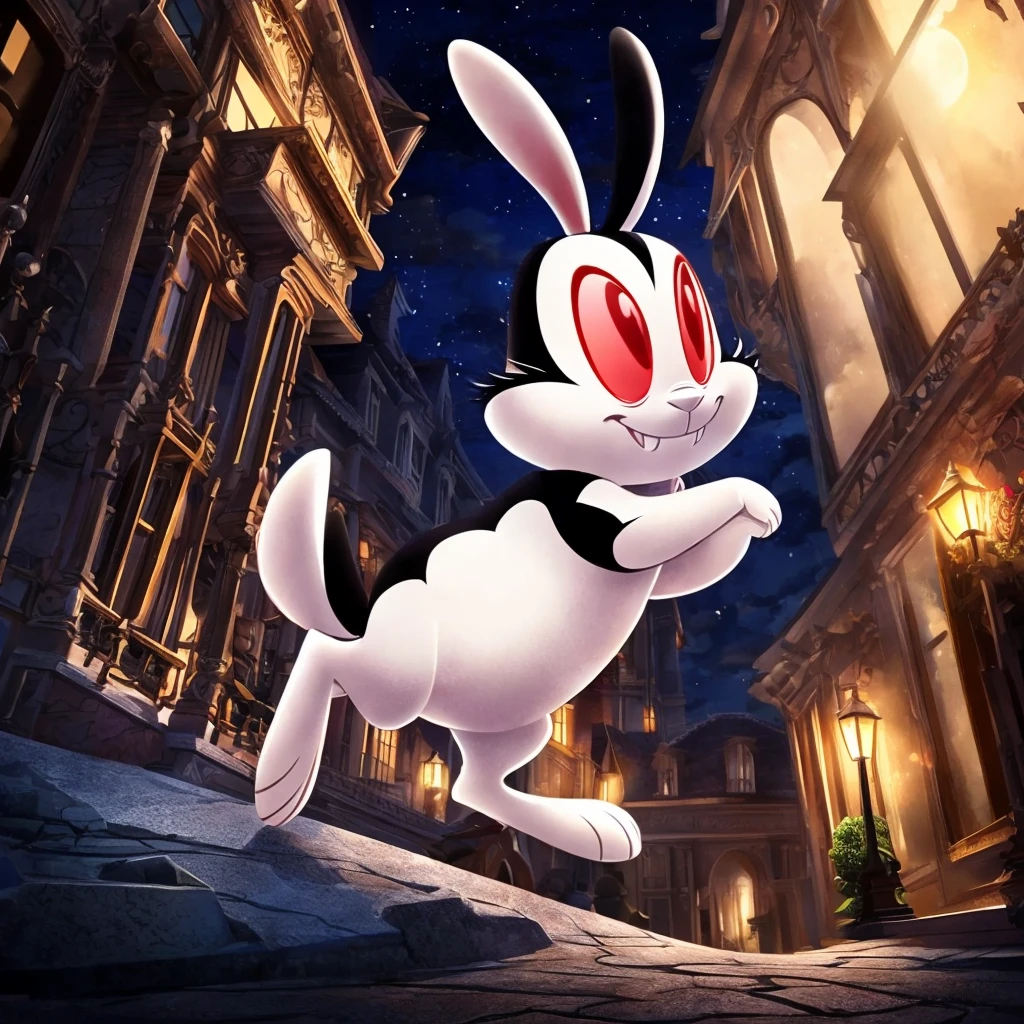  BunniculaBunNi, Alone,  Red eyes,  Chibi,  white sclera, [mamsion, focus close close, outside the mansion,1 moon shining, clouds, street,]
 (beautiful, aesthetic, perfect, delicate, intricate), Masterpiece, realistic details, Best Quality,   (stopped ), illustrative, pictorial, Very detailed, live action movie texture