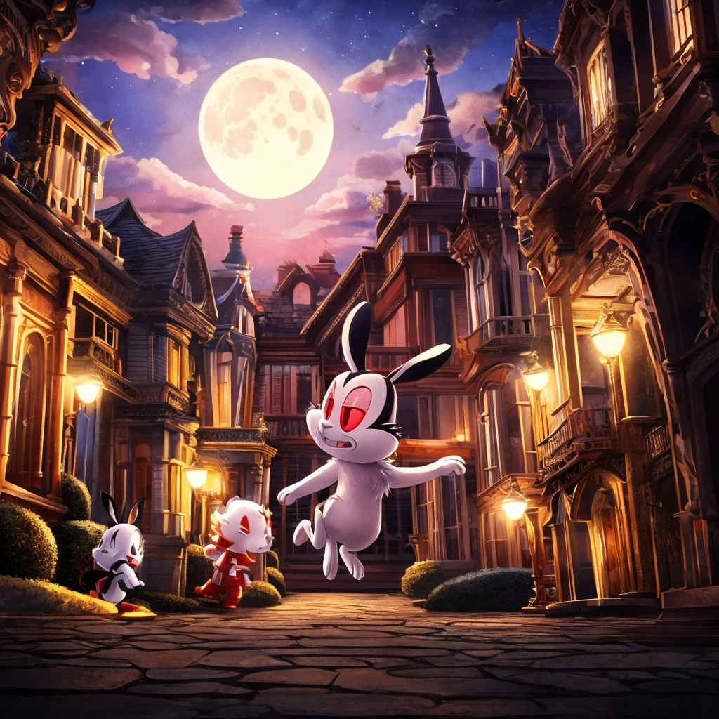  BunniculaBunNi, Alone,  Red eyes,  Chibi,  white sclera, [mamsion, focus close close, outside the mansion,1 moon shining, clouds, street,]
 (beautiful, aesthetic, perfect, delicate, intricate), Masterpiece, realistic details, Best Quality,   (stopped ), illustrative, pictorial, Very detailed, live action movie texture