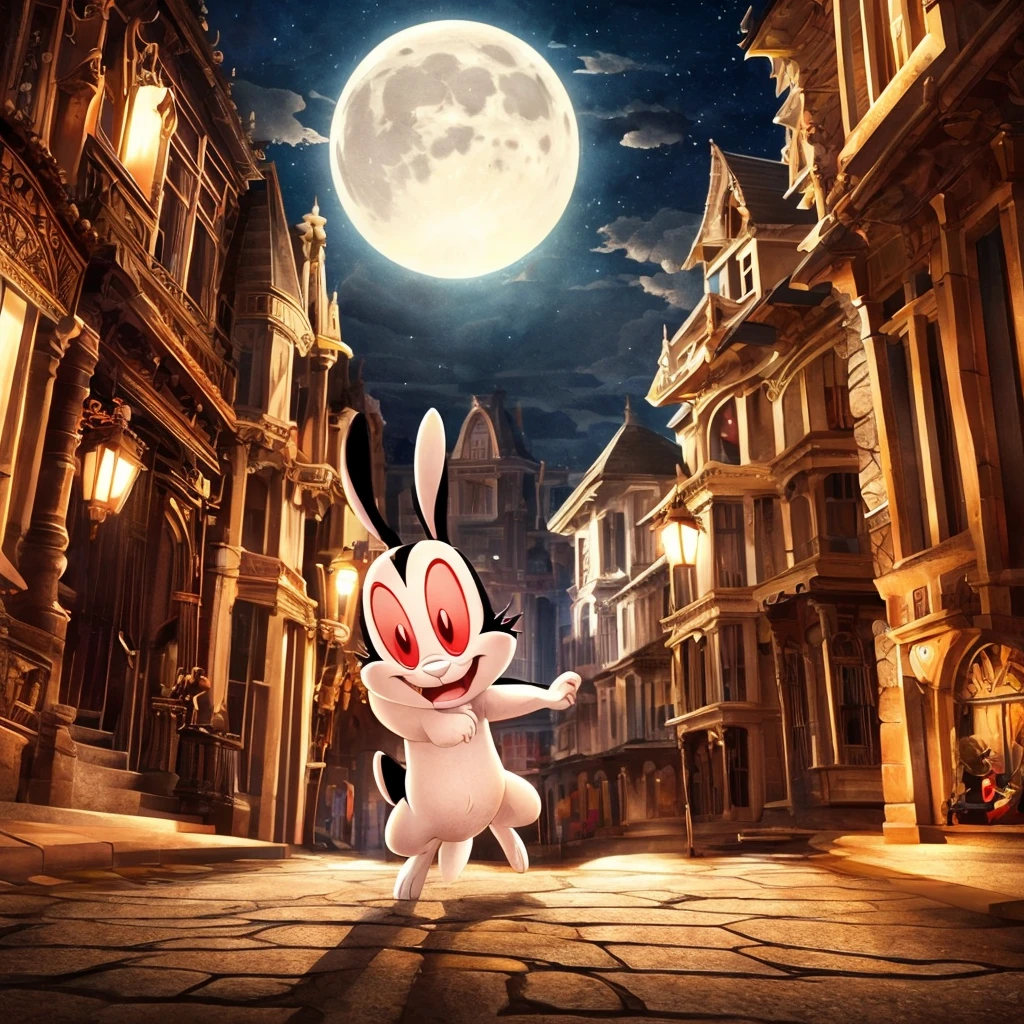  BunniculaBunNi, Alone,  Red eyes,  Chibi,  white sclera, [mamsion, focus close close, outside the mansion,1 moon shining, clouds, street,]
 (beautiful, aesthetic, perfect, delicate, intricate), Masterpiece, realistic details, Best Quality,   (stopped ), illustrative, pictorial, Very detailed, live action movie texture