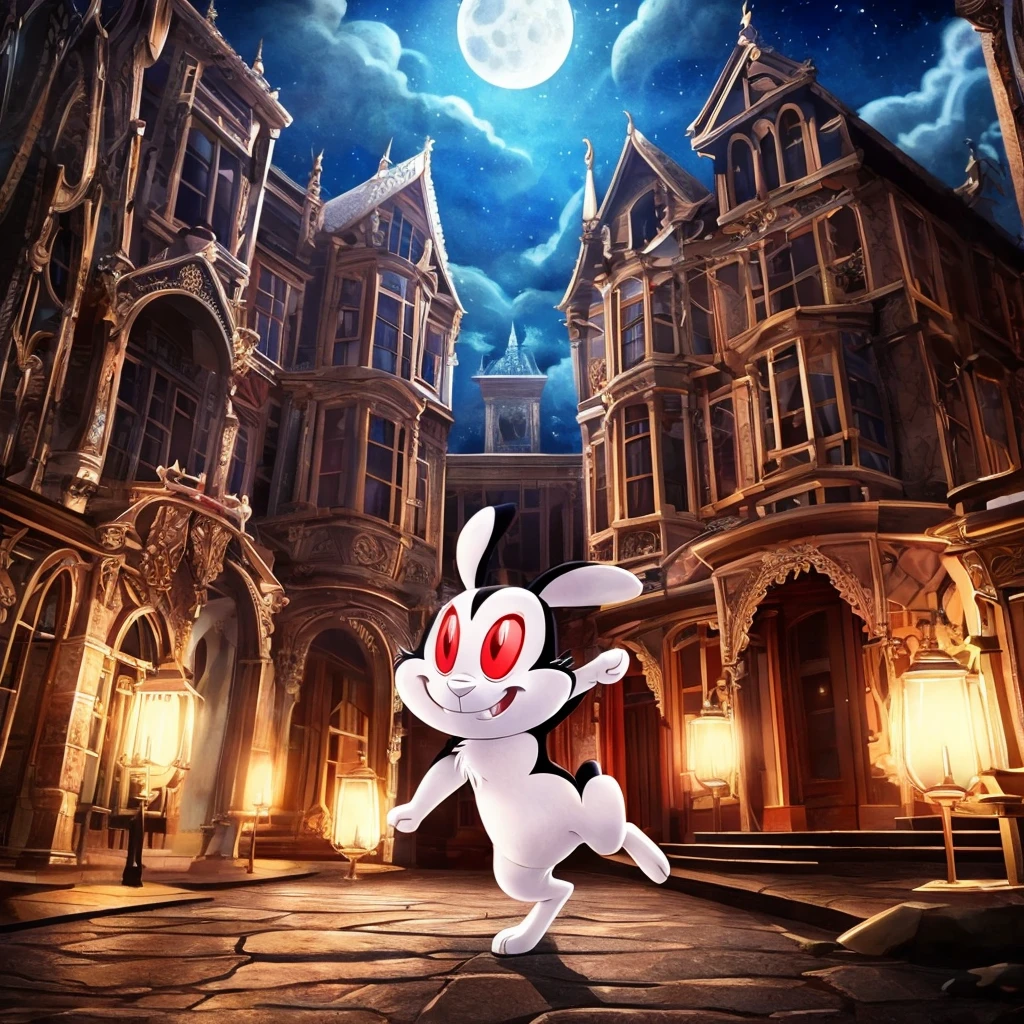  BunniculaBunNi, Alone,  Red eyes,  Chibi,  white sclera, [mamsion, focus close close, outside the mansion,1 moon shining, clouds, street,]
 (beautiful, aesthetic, perfect, delicate, intricate), Masterpiece, realistic details, Best Quality,   (stopped ), illustrative, pictorial, Very detailed, live action movie texture