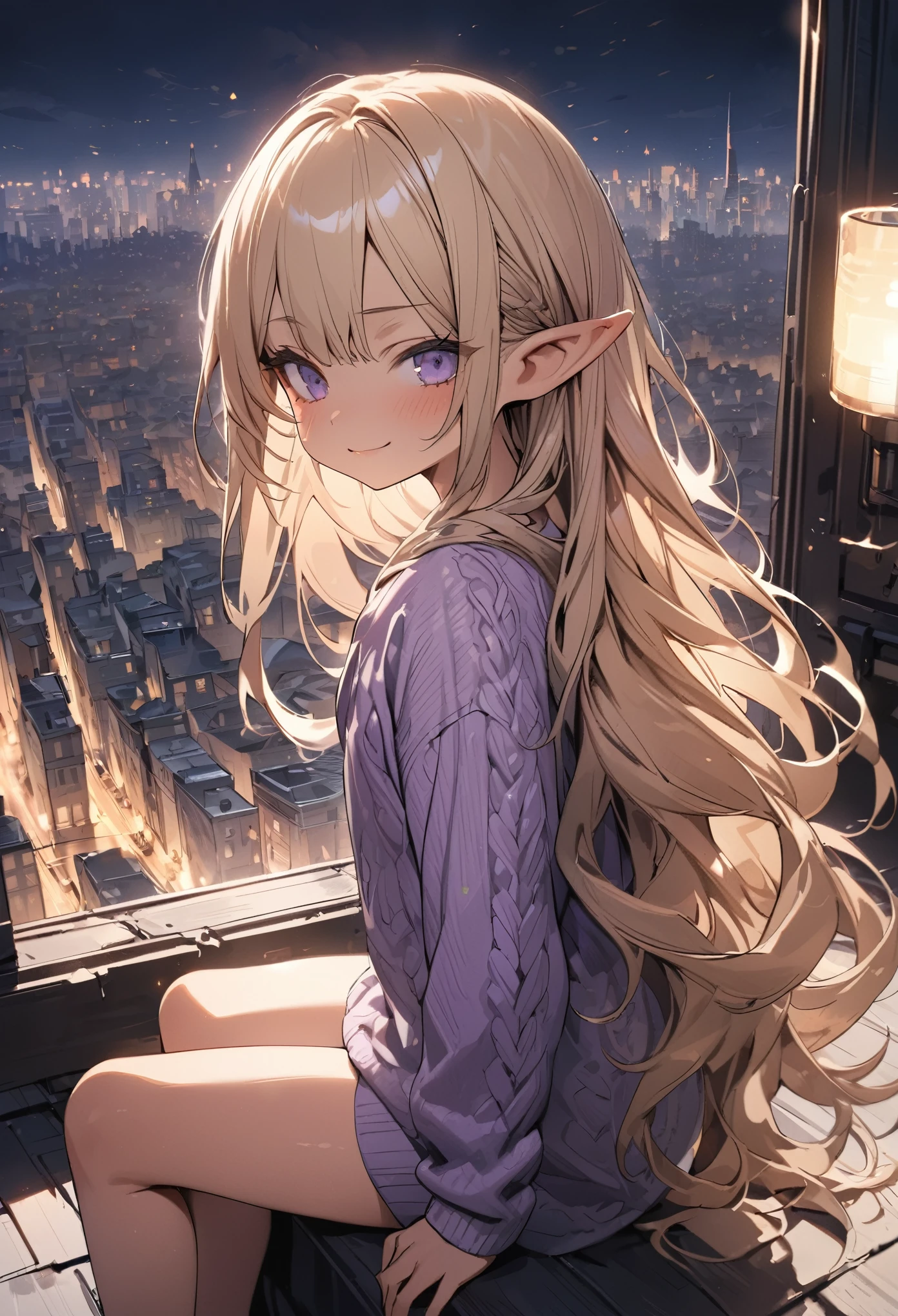 ((Masterpiece)), ((best quality)), (ultra-detailed), ((kawaii)), ((extremely detailed)), 4K, (8K), (super detail:1.2),(High Definition:1.3), (Professional Photography:1.2), (wide shot), cinematic lighting, (sharp focus), (perfect light), ((1girl)), ((12 years old)), cute young girl, from side, (very smug), (Beautiful purple eyes:1.2), (dark skin), elf girl, wearing long cardigan, slender waist, (long bangs), very long bangs, Shiny unruly hair, long hair, ((beautiful blond hair)), shortpants, BREAK, ((best quality)), ((extremely detailed)), (loose sitting on the rooftop), the paris cityscape, Cityscape spreading out below, 