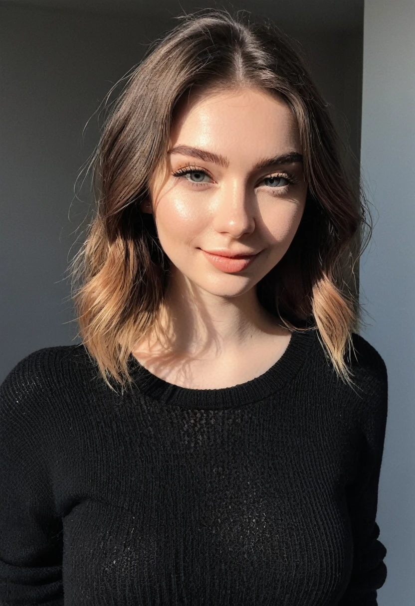 instagram photo, photo of 23 y.o Chloe in black sweater, cleavage, pale skin, (smile:0.4), hard shadows
