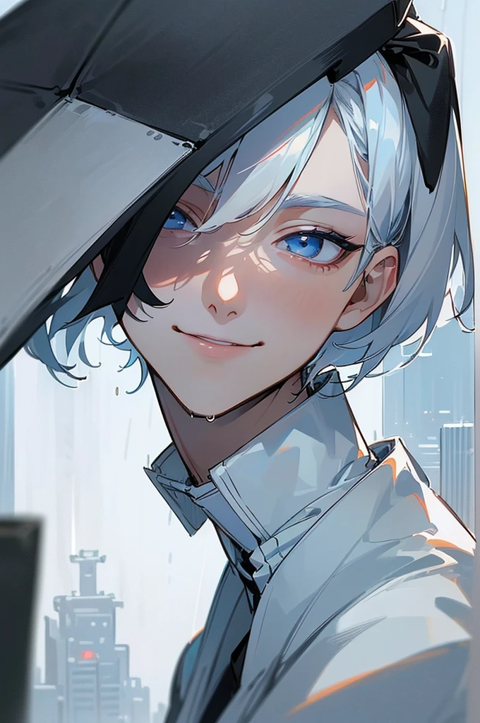 ((4K works))、masterpiece、(top-quality)、One beautiful boy、Slim body、tall、((Black Y-shirt and white pants、Charming street style))、Please wear one jacket、Wearing a hood to hide his face、(Detailed beautiful eyeorning City、((Rainy city))、Fashionable city with morning rain、((Bright, Cloudy sky))、((Face similar to Carly Rae Jepsen))、((Short-haired white hair))、((Smaller face))、((Neutral face))、((Bright blue eyes))、((American adult male))、((Adult male 26 years old))、((Cool Men))、((Like a celebrity))、((Smiling expression))、((Korean Makeup))、((elongated and sharp eyes))、((Happy dating))、((boyish))、((Upper body photography))、Professional Photoodel photo))、((Focus zoom on face))、((Face enhancement))、((Face Close-up))、((Shot alone))、((He's under the roof))、((Shot from diagonally below))、((He stares at the viewer))、((Bring your face closer to the camera、Smile with a cheek cane))、((He sits in front of the viewer))
