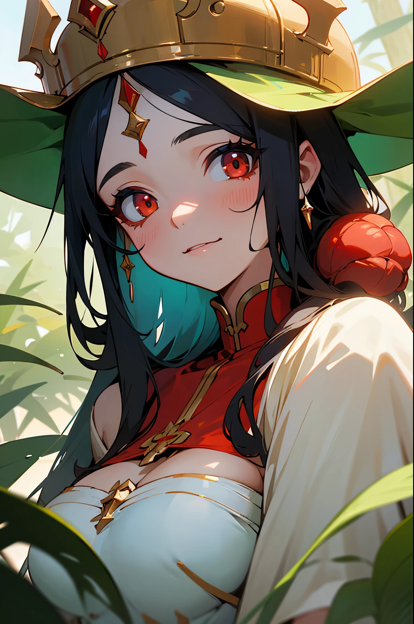 one-girl，the original god，Paimon，Be red in the face，Close-up shot，sportrait，looks into camera，ssmile，White clotheediuml breasts，jungles，grassy fields，Off-the-shoulder attire
