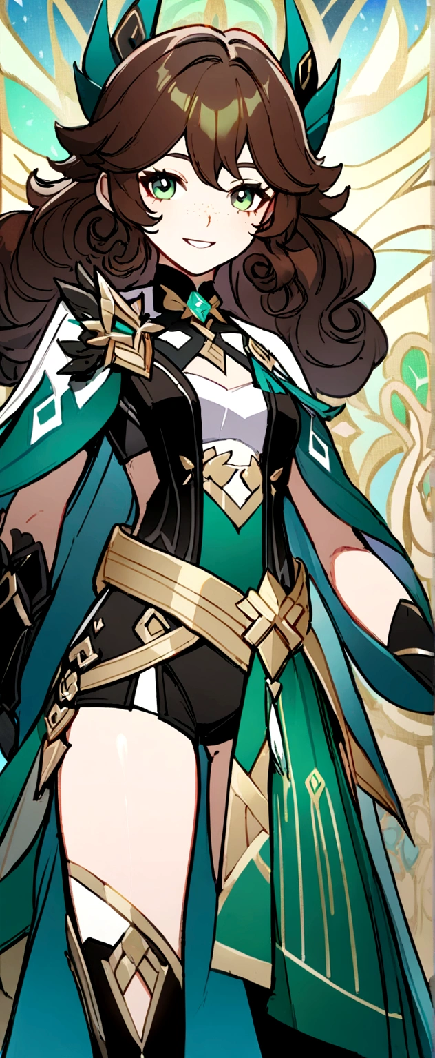 1girl, Gender is girl. Slightly freckled face. brown curly hair. Emerald green eyes. Devilish grin. Design her an hero outfit. Genshin impact style outfit. There is no green color in the outfit. So much detailed.