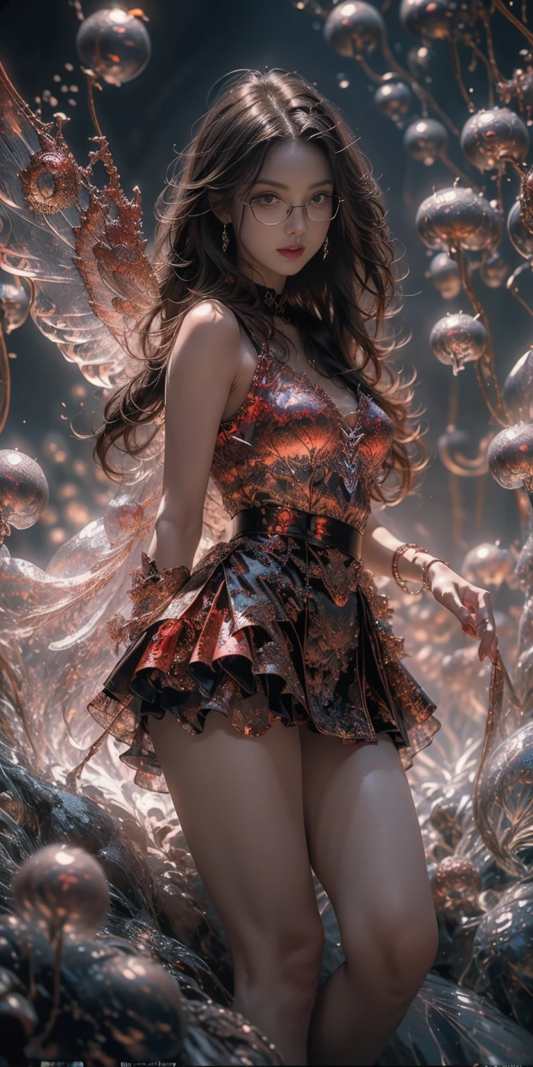 (The best illustrations)、realisitic、ultra-detailliert、The best lighting、Best Shadows、alluring succubus, ethereal beauty, perched on a cloud, (fantasy illustration:1.3), enchanting gaze, captivating pose, delicate wings, otherworldly charm, mystical sky, (Luis Royo:1.2), (Yoshitaka Amano:1.1), Dungeon and Dragon、caves、Dungeon、 A Necromancer、natta、Dark style、Succubus、Devil's Daughter、Bat Wings,(((Demon Hornlack-rimmed round glasses))))、(red eyes glowing:1.6)、beautiful countenance、Tindall Effect、(High Detail Skins:1.2) absurderes、Ponytail distortion、jewely、Beautiful expression、Toned waist、Wide buttocks、Tindall Effectmasuter piece、top-quality、Highest Standards、Top image quality、masutepiece、intricate detailes、High resolution、Depth Field、natural soft light、profetional lighting、Great smile、(High Detail Skin: 1.2)、photorealistic anime girl render、Strong highlights of the eyes、Perfect Anatomy、crotch open、Shy、Spreading your legs、Panties are visible、Skirt flipping、Body shiny with oilerectile nipple))、8K resolution、intricate clothing、Intricate details