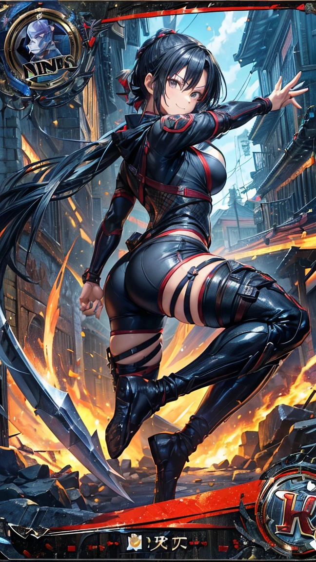 (1 mature female ninja,Age 35), ((Pub,guild)),(smile),Dynamic pose,Dynamic Angle,Pose for a photo,From below,Elderly woman、Trading Card Game Frames、Highest Rare、Five Fingers、Signature mark、Big Butt、Black Hair、Fighting Pose、Ninja costume、Full Body Suit、kunai