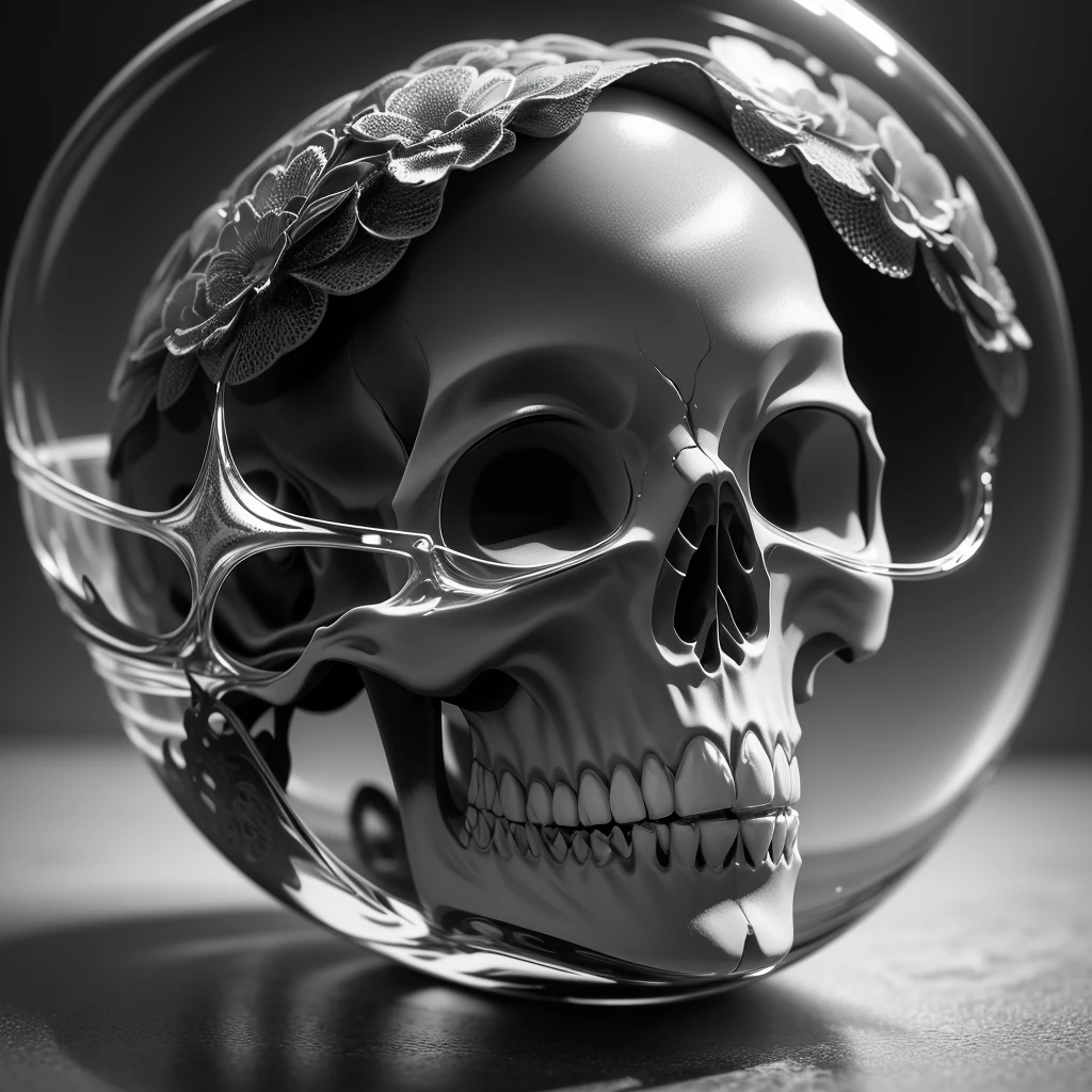 A magnificent glass fire skull in monochrome, very textured and full of details