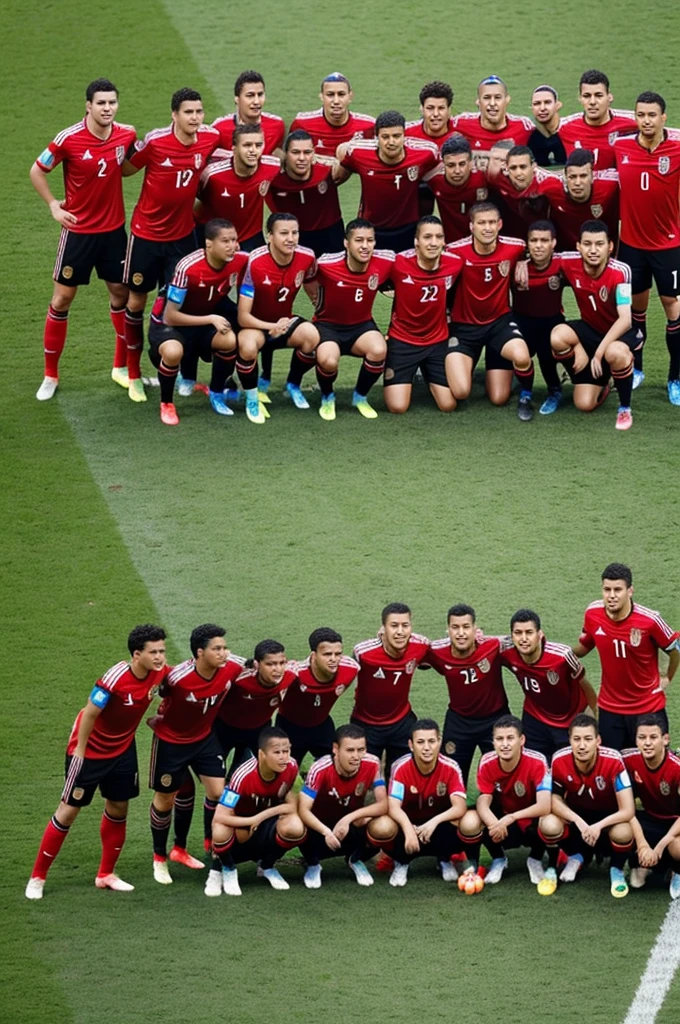 A soccer team taking a photo at a soccer world cup, The photo shows the entire team