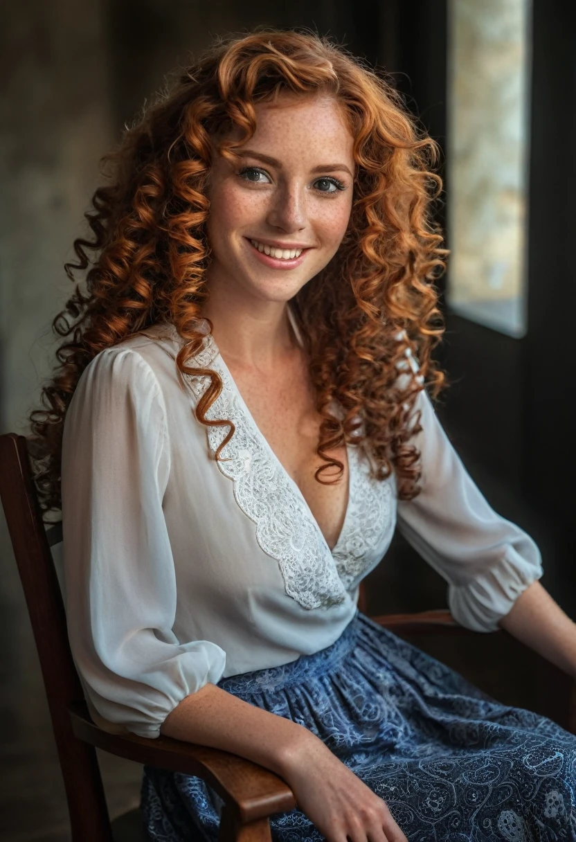 HDR photo of woman, spiral curls, long auburn hair, (freckles:0.6), beautiful low cut blouse, long skirt, sitting on a chair in a dark room, amazing smile, perfect eyes . High dynamic range, vivid, rich details, clear shadows and highlights, realistic, intense, enhanced contrast, highly detailed